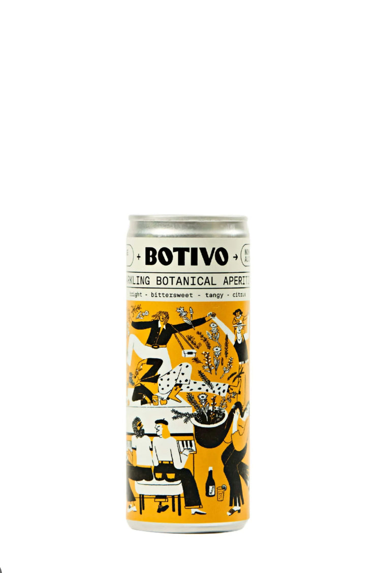 Botivo cans.
SPARKLING BOTANICAL APERITIVO (NON-ALCOHOLIC)